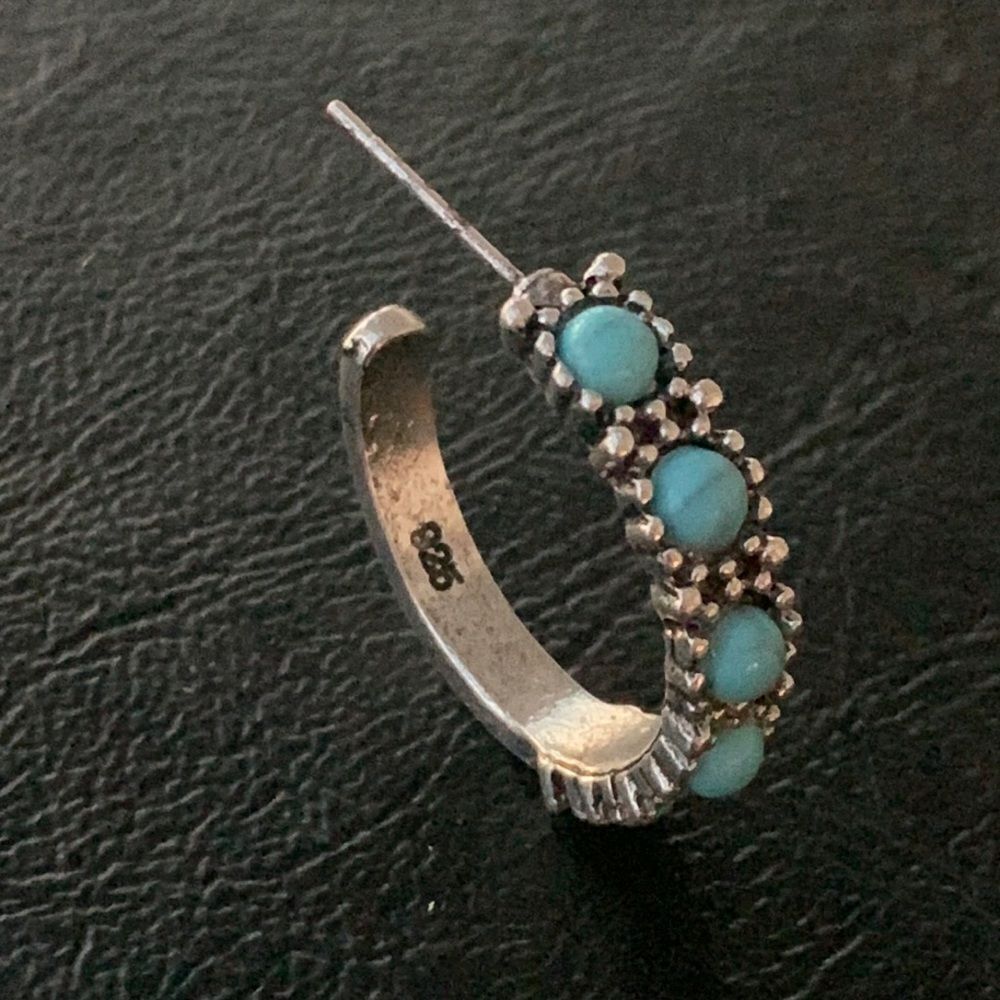Men’s Sterling Silver Hoop Earrings with Faux Turquoise Cabochons